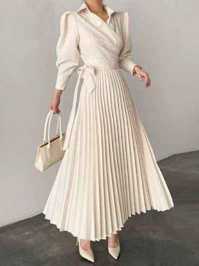 Asymmetric Pleated Solid Color Lapel Maxi Dresses Shirt Dress