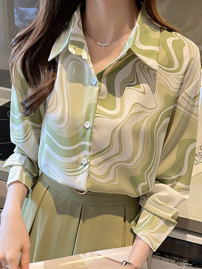 Long Sleeves Loose Buttoned Printed Lapel Blouses&Shirts Tops