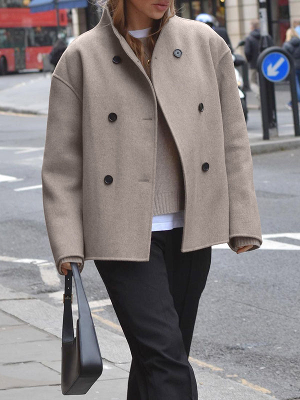 Long Sleeves Loose Buttoned Stand Collar Woolen Coat