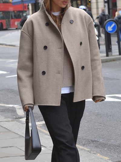 Long Sleeves Loose Buttoned Stand Collar Woolen Coat