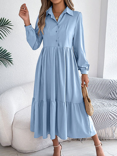 High Waisted Long Sleeves Pleated Ruffled Solid Color Lapel Midi Dresses Shirt Dress
