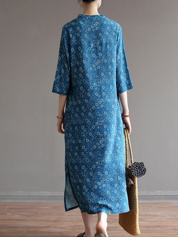 Original Solid Floral Stand Collar Midi Dress