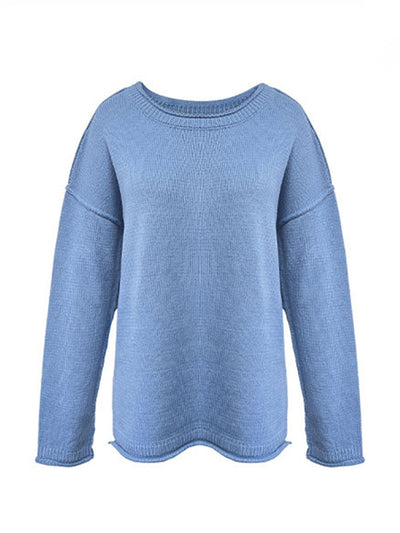 Long Sleeves Loose Solid Color Split-Joint Round-Neck Sweater Tops