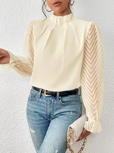 Long Sleeves Loose Elasticity Mesh Pleated Solid Color Mock Neck Blouses&Shirts Tops