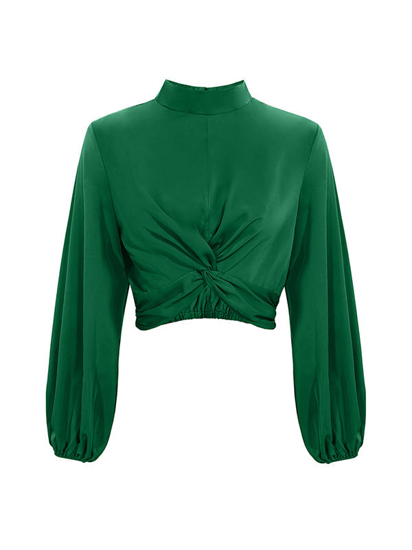 Long Sleeves Puff Sleeves Elasticity Hollow Knot Pleated Ruffled Mock Neck Blouses&Shirts Tops