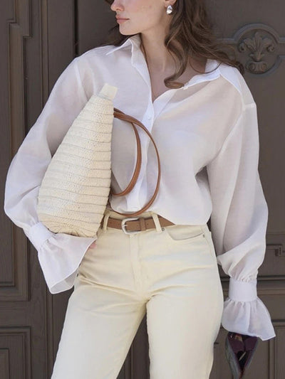 Loose Puff Sleeves Pleated Solid Color Split-Joint Lapel Blouses&Shirts Tops