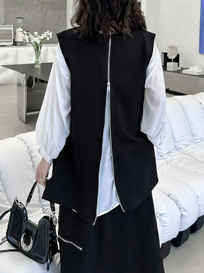 Loose Sleeveless Asymmetric Zipper Round-Neck Vest Top