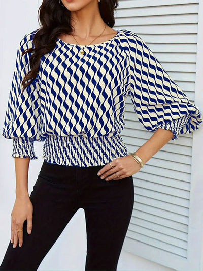 Loose Puff Sleeves Elasticity Printed Split-Joint Round-Neck Blouses&Shirts Tops