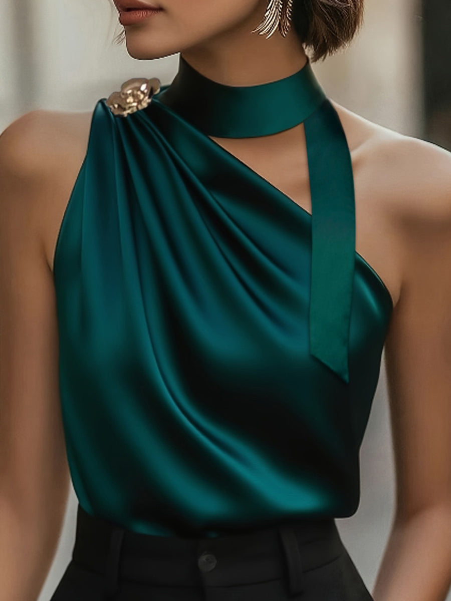 Loose Sleeveless Solid Color Asymmetric Collar Tank Top