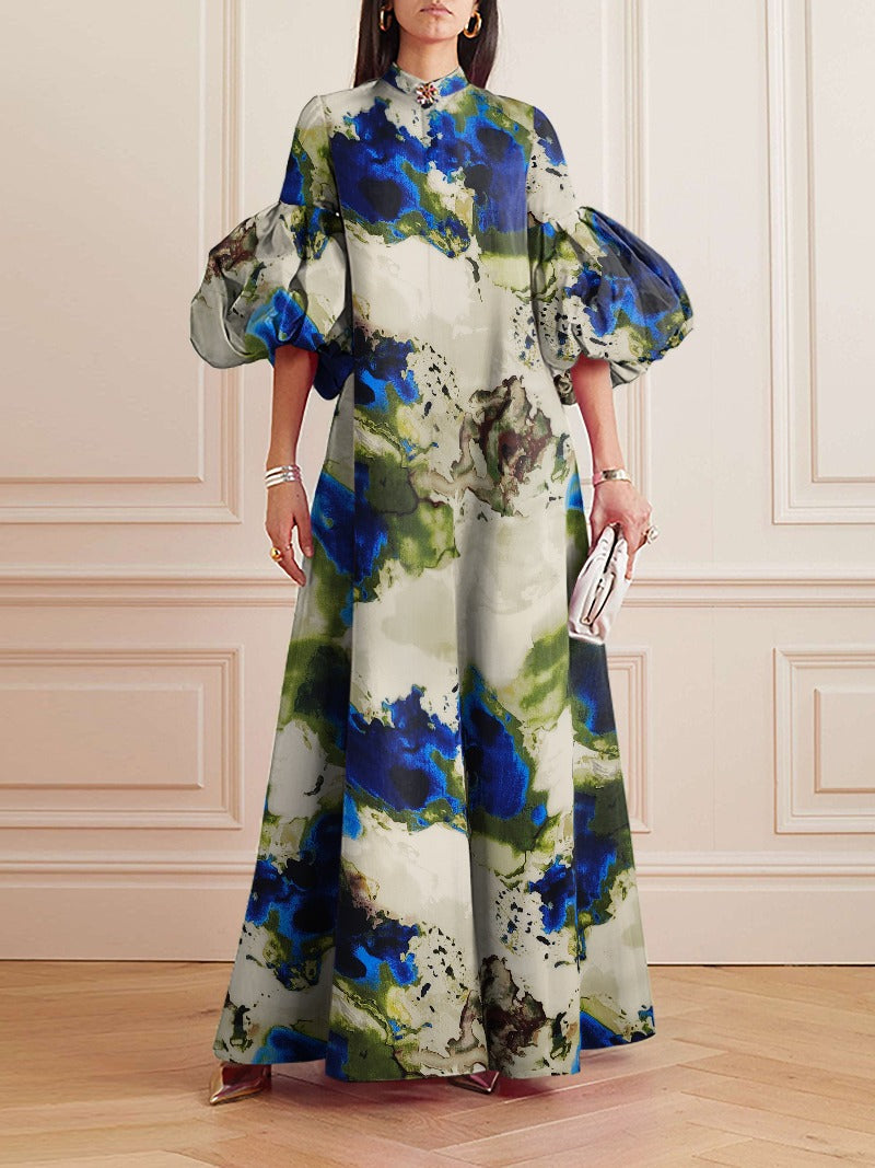 Loose Flower Shape Solid Color Stand Collar Lantern Sleeves Maxi Dresses