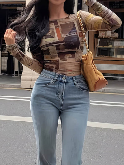 Long Sleeves Skinny Contrast Color Printed Split-Joint Round-Neck T-Shirts Tops
