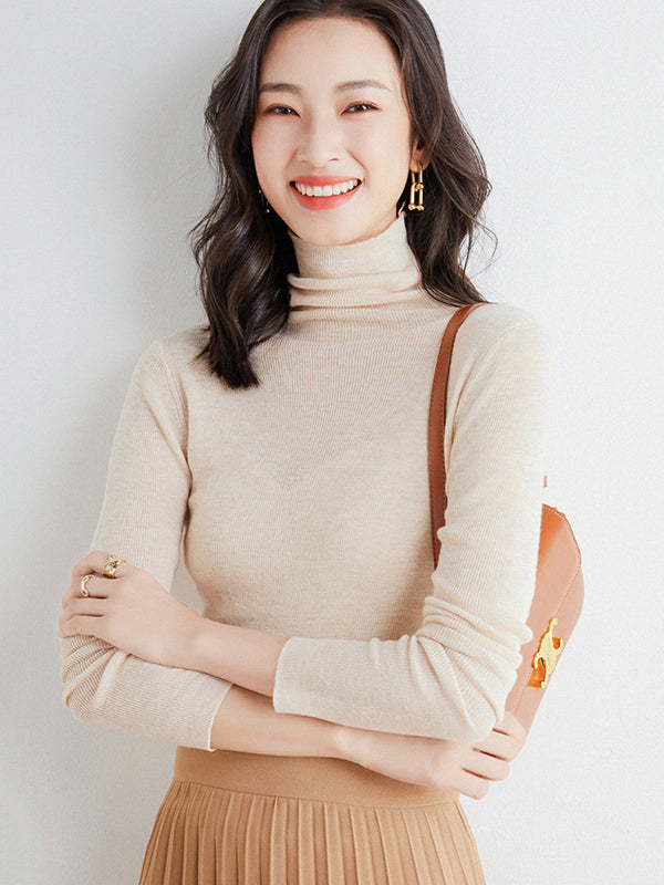 Simple Skinny Long Sleeves Solid Color High-Neck Sweater Tops Pullovers