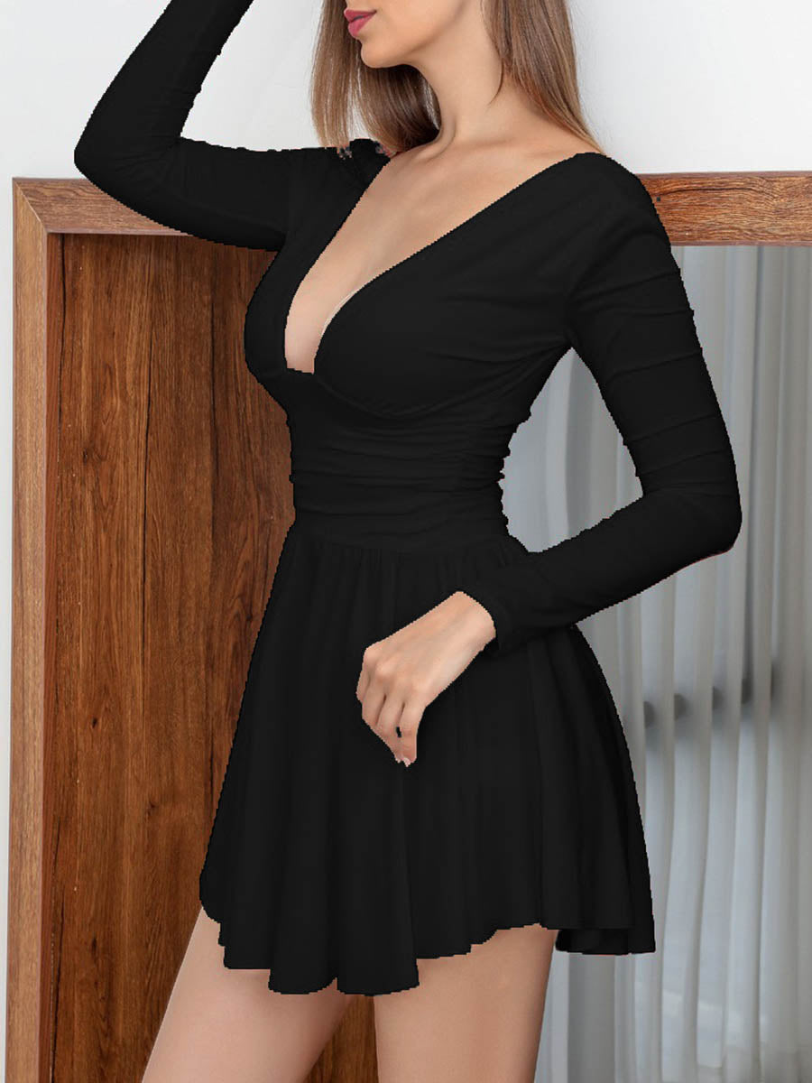 A-Line Elasticated Waist Backless Pleated Solid Color Split-Joint Deep V-Neck Mini Dresses