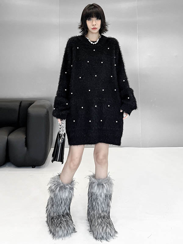 Long Sleeves Loose Beads Contrast Color Shiny Split-Joint Round-Neck Mini Dresses Sweater Dresses
