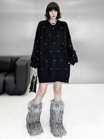 Long Sleeves Loose Beads Contrast Color Shiny Split-Joint Round-Neck Mini Dresses Sweater Dresses