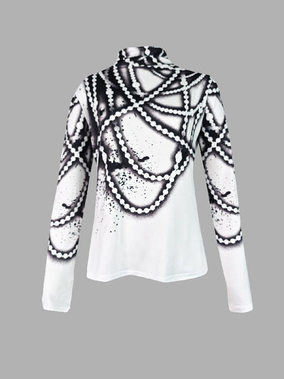 Long Sleeves Skinny Printed Striped High Neck T-Shirts Tops