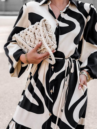 Long Sleeves Loose Contrast Color Pleated Printed Split-Joint Tied Waist Lapel Shirt Dress