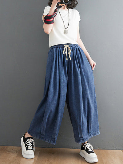 Casual Loose Drawstring Wide Legs Jean Pants