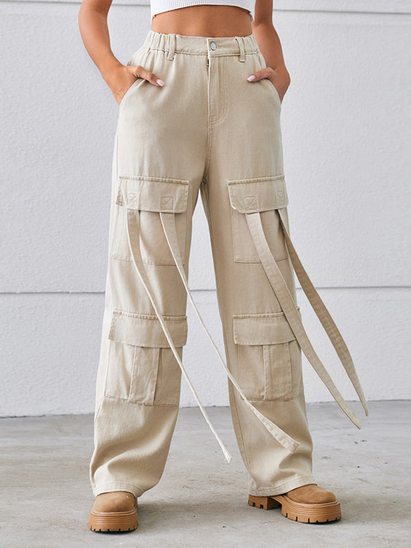 Loose Straight Leg High-Waisted Pockets Split-Joint Streamer Jean Pants Bottoms