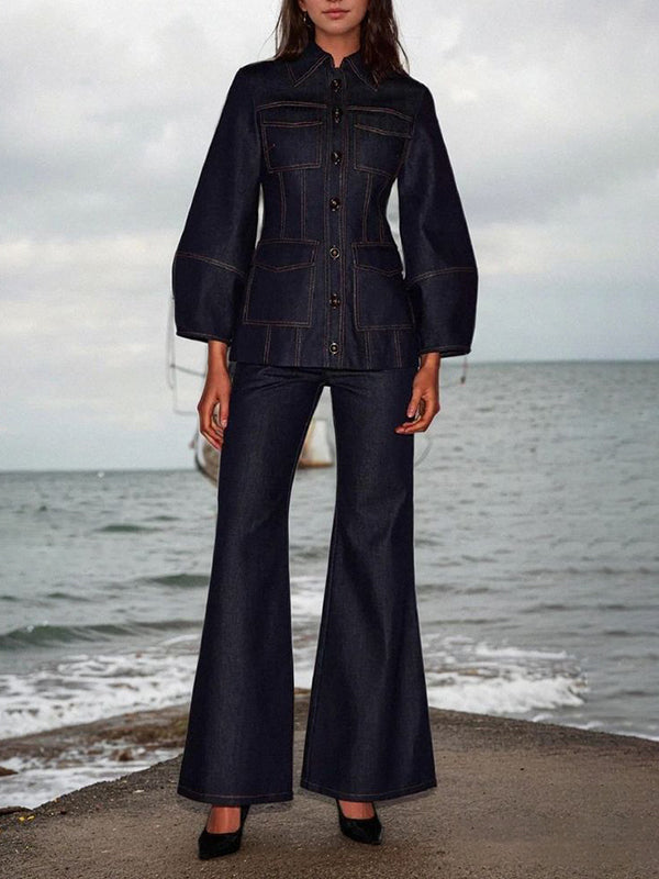 High Waisted Wide Leg Pockets Solid Color Jean Pants Bottoms