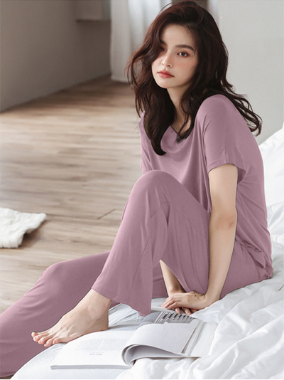 Casual Short Sleeves Solid Color V-Neck T Shirt Top&Drawstring Pants Pajamas Set