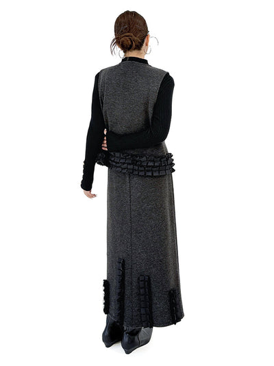 Contrast Color Ruffled Split-Joint V-Neck Vest Top + Elasticated Waist High Waisted Pleated Skirts Bottoms Two Pieces Set
