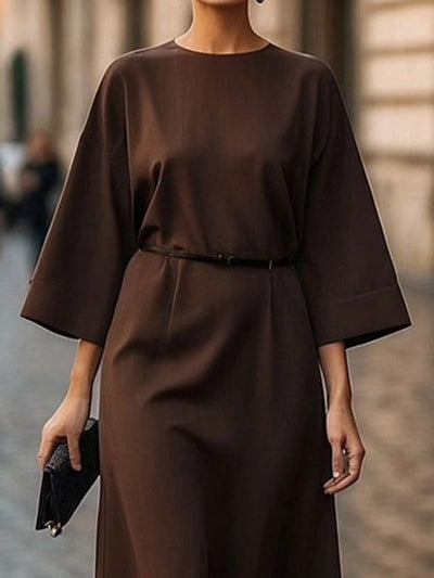 Loose Three-Quarter Sleeves Pleated Solid Color Split-Joint Round-Neck Midi Dresses