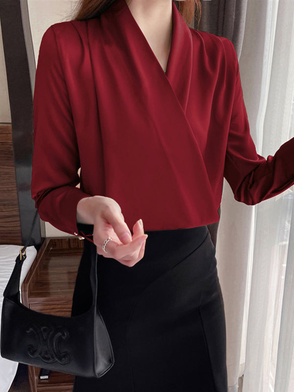 Long Sleeves Loose Buttoned Solid Color V-Neck Blouses&Shirts Tops