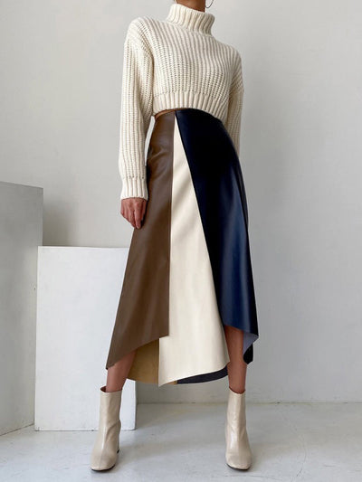 A-Line High Waisted Asymmetric Contrast Color Split-Front Skirts Bottoms