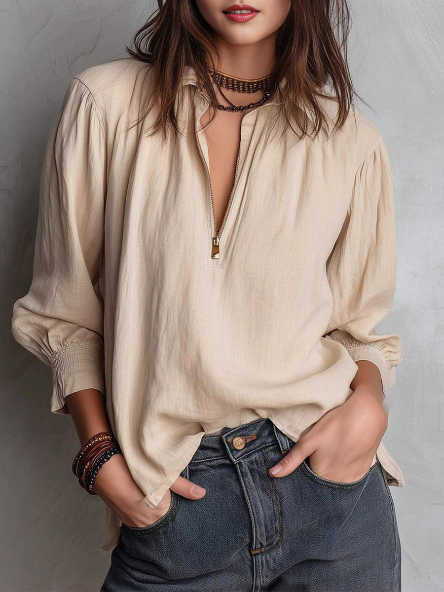 Long Sleeves Loose Pleated Solid Color Zipper Lapel Blouses&Shirts Tops