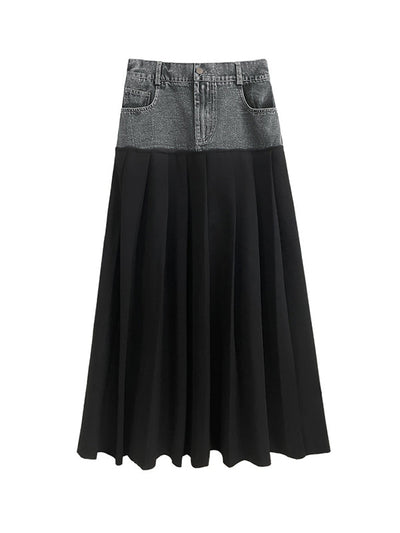 A-Line High Waisted Contrast Color Pleated Split-Joint Skirts Bottoms