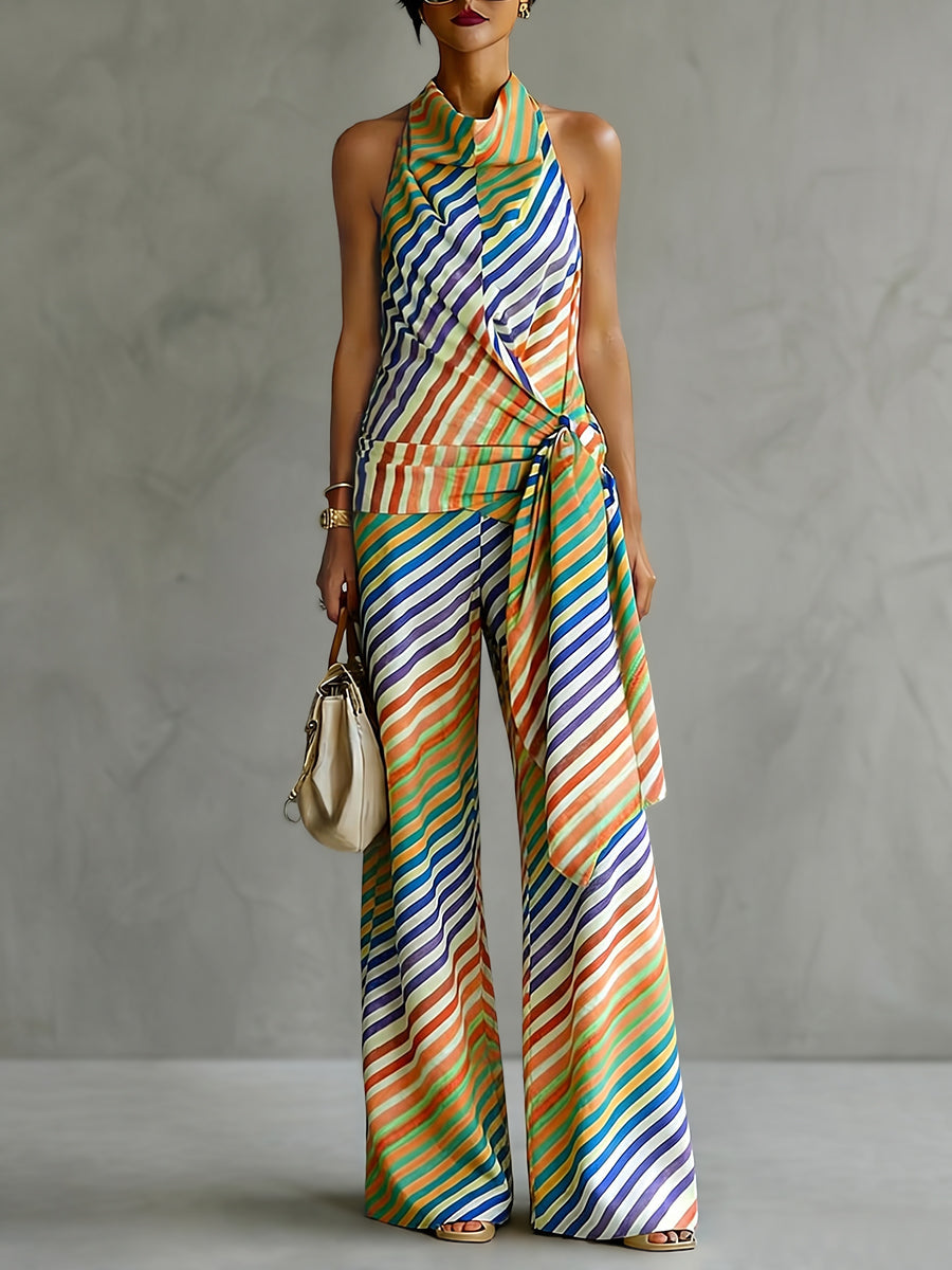 Loose Sleeveless Backless Contrast Color Striped Tied Halter-Neck Vest Top