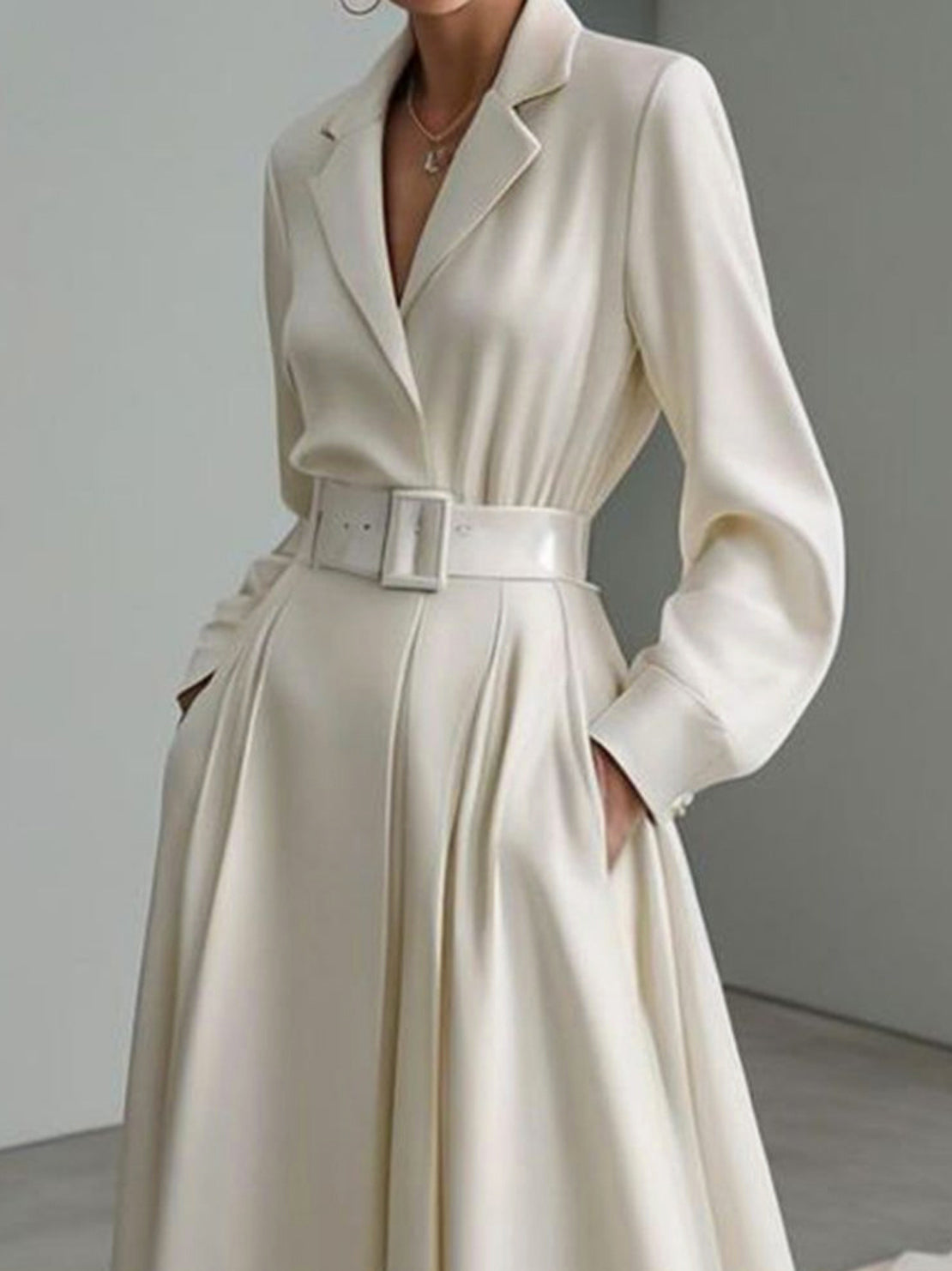 Long Sleeves Loose No Belt Solid Color Notched Collar Maxi Dresses