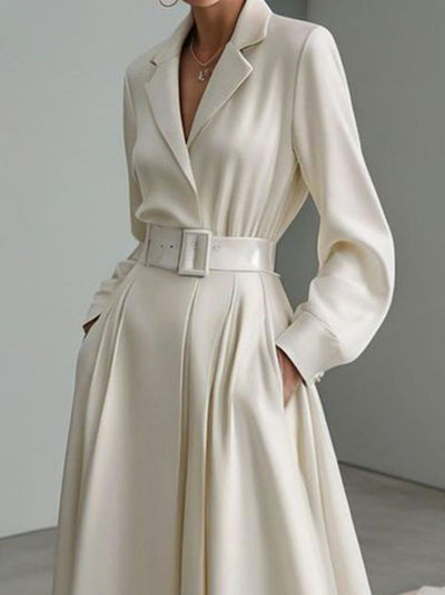 Long Sleeves Loose No Belt Solid Color Notched Collar Maxi Dresses