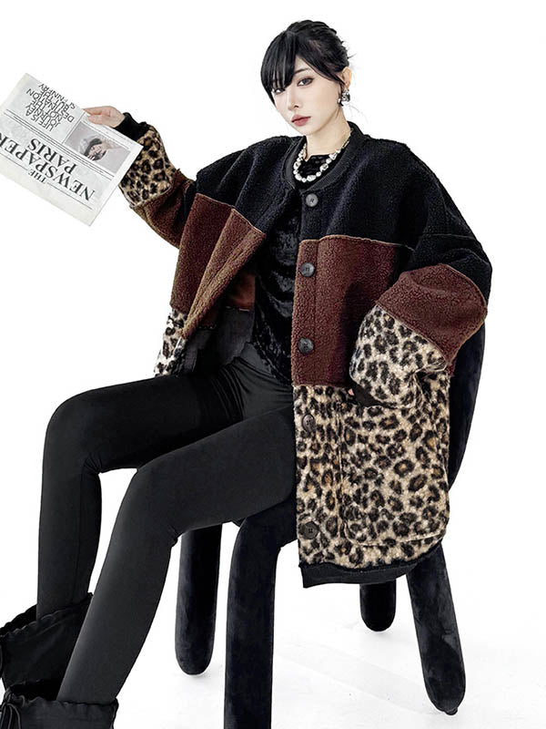 Long Sleeves Loose Buttoned Contrast Color Reversible Split-Joint Round-Neck Cardigan Tops Outerwear