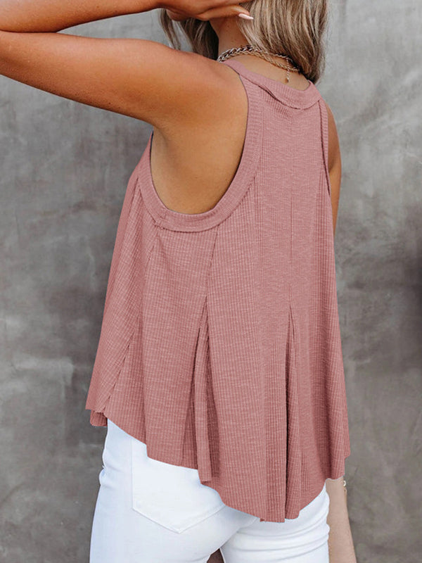 Loose Sleeveless Pleated Solid Color V-Neck Vest Top