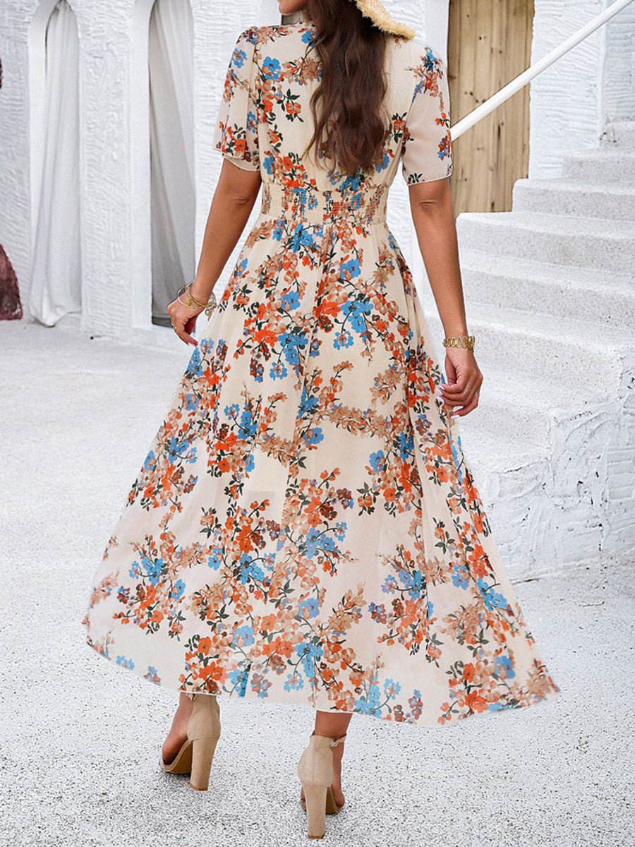 A-Line Elasticated Waist Contrast Color Flower Print Pleated Split-Joint V-Neck Maxi Dresses