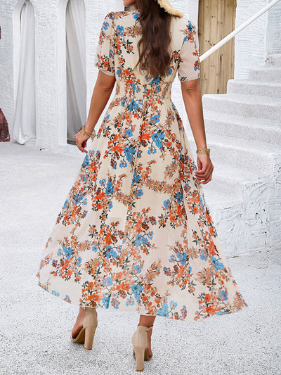 A-Line Elasticated Waist Contrast Color Flower Print Pleated Split-Joint V-Neck Maxi Dresses
