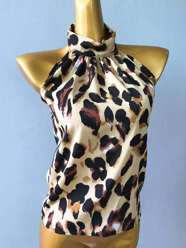 Loose Sleeveless Backless Leopard Pleated Split-Joint Halter-Neck Vest Top