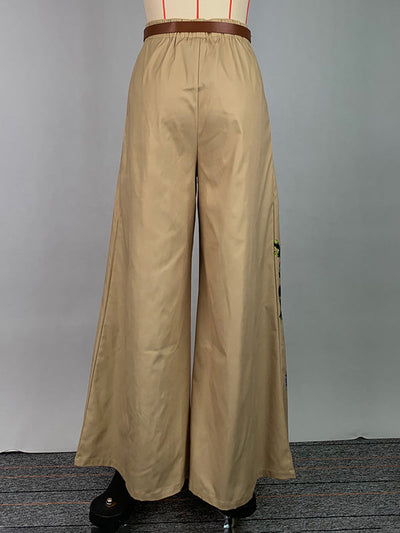 High Waisted Loose Belted Flower Print Pockets Pants Trousers