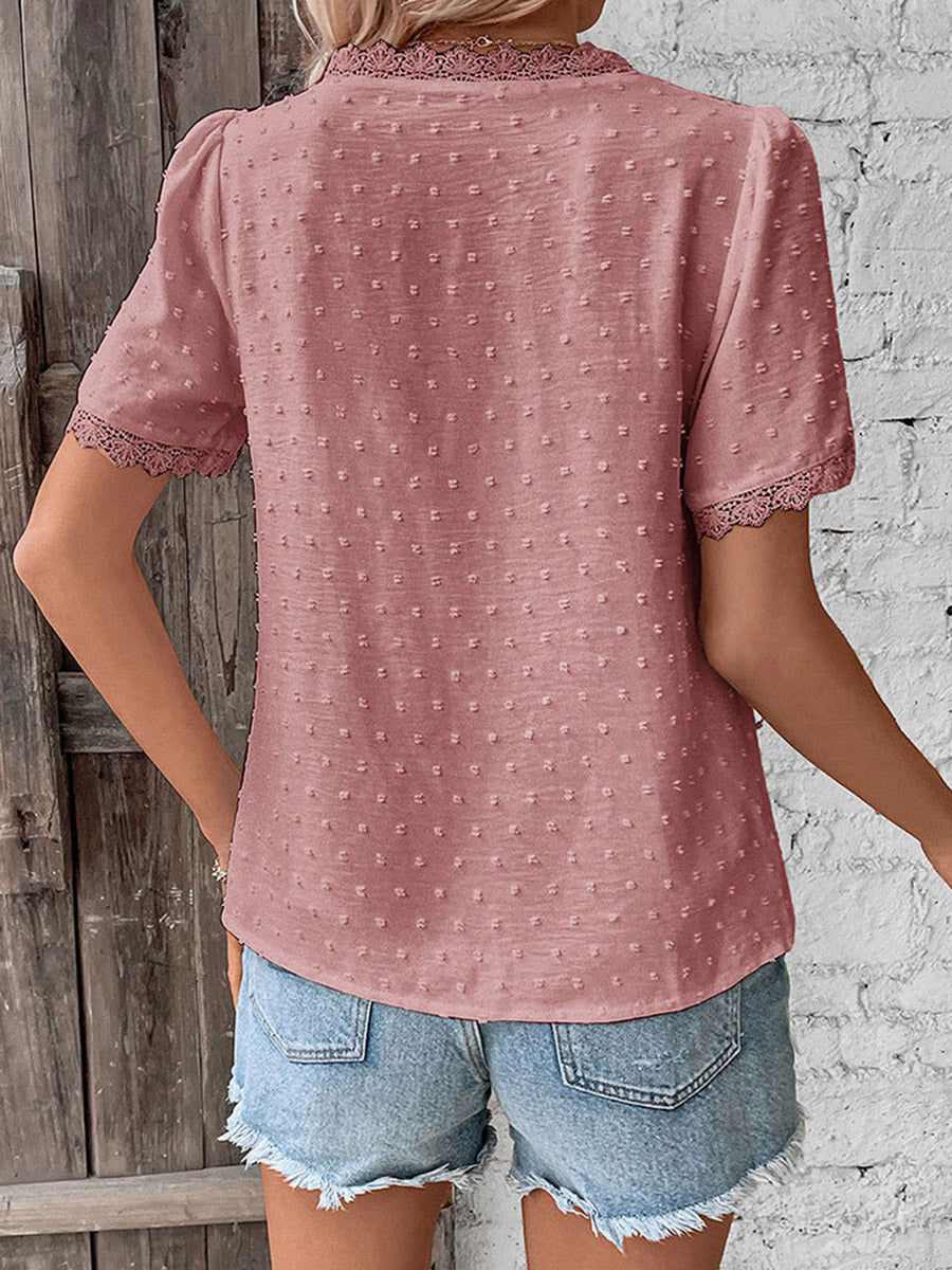 Loose Short Sleeves Jacquard Solid Color Split-Joint Textured V-Neck T-Shirts Tops