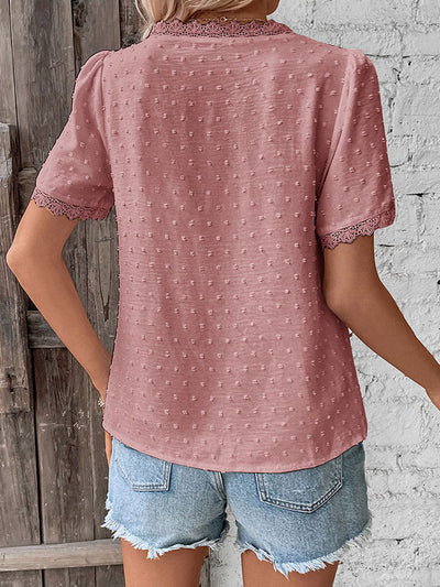 Loose Short Sleeves Jacquard Solid Color Split-Joint Textured V-Neck T-Shirts Tops