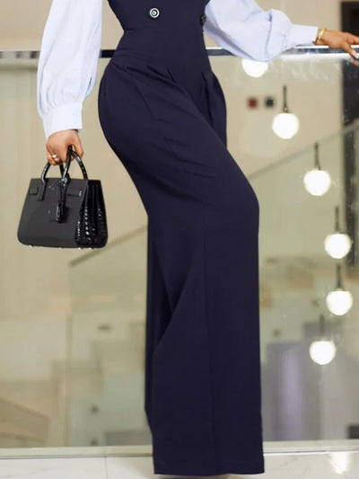 High Waisted Long Sleeves Buttoned Pleated Split-Joint Lapel Jumpsuits