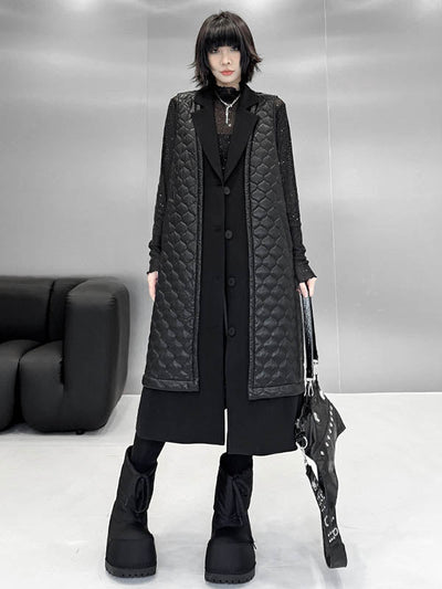 Loose Sleeveless Buttoned Plaid Pockets Solid Color Split-Joint Notched Collar Outerwear Padded Vest
