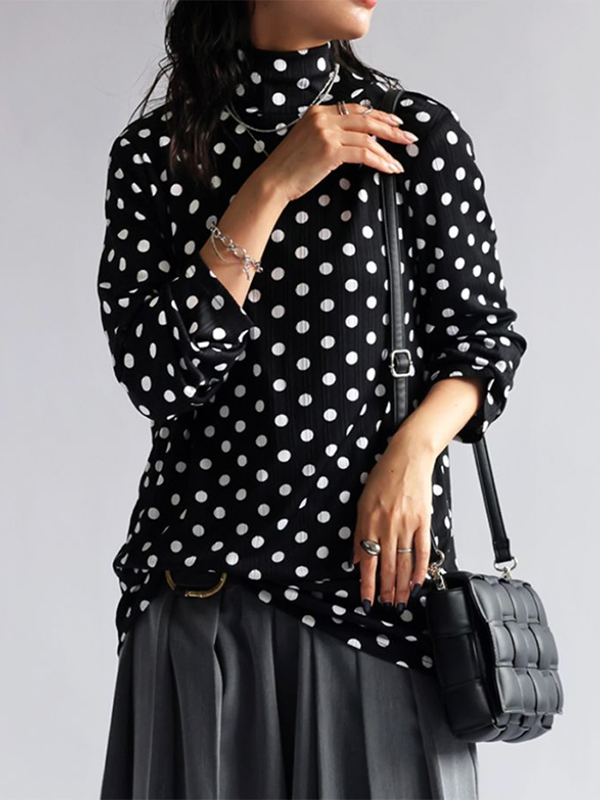 Long Sleeves Loose Polka-Dot Heaps Collar T-Shirts Tops