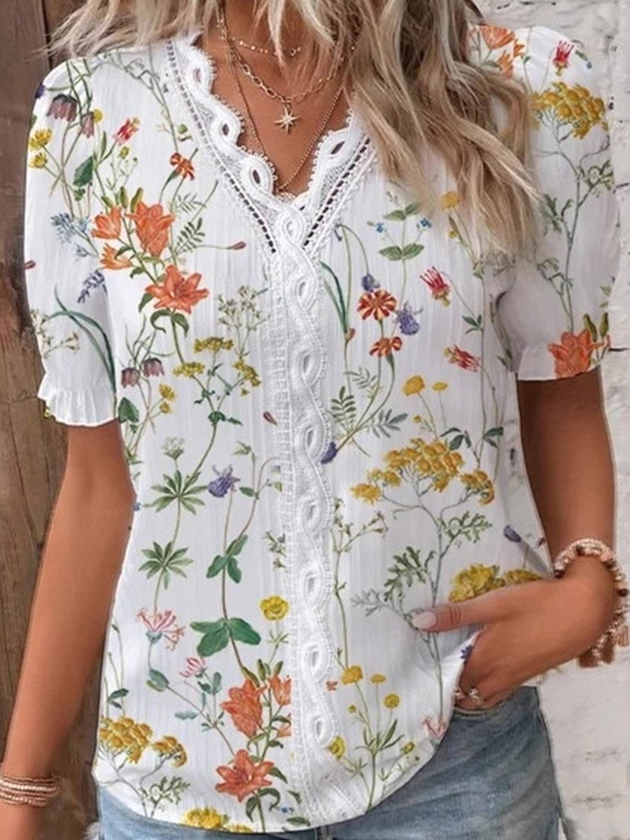 Loose Puff Sleeves Contrast Color Flower Print Hollow Pleated Split-Joint V-Neck Blouses&Shirts Tops