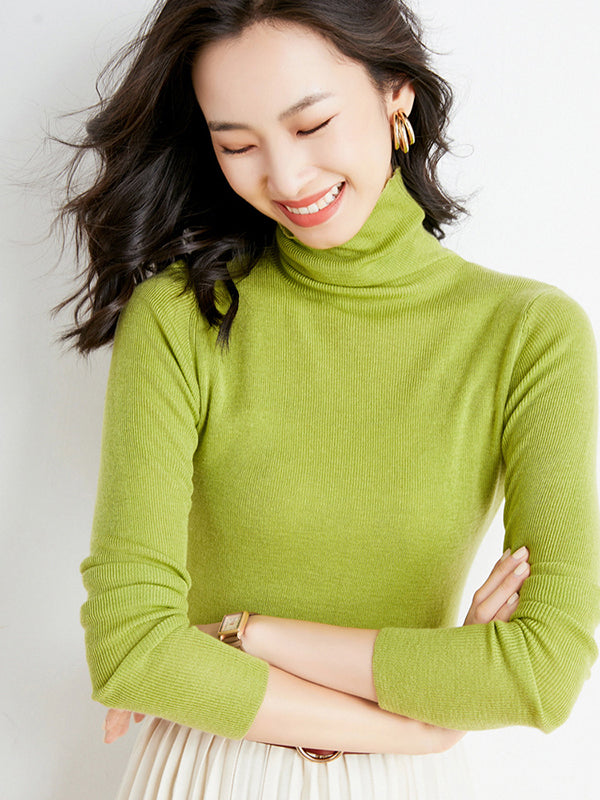 Simple Skinny Long Sleeves Solid Color High-Neck Sweater Tops Pullovers