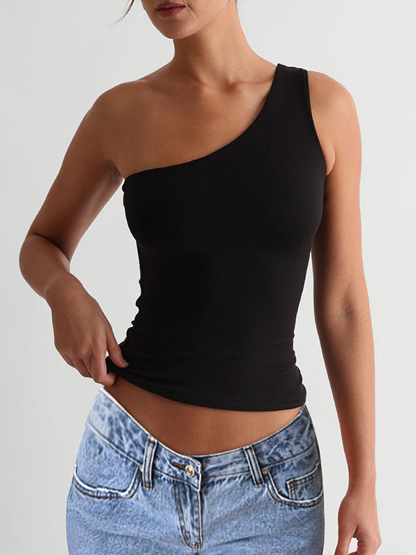 Skinny Sleeveless Solid Color One-Shoulder Vest Top