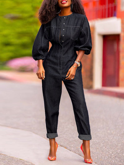 Puff Sleeves Split-Joint Round-Neck Jumpsuits