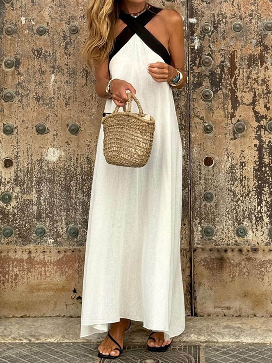 A-Line Loose Backless Contrast Color Halter-Neck Midi Dresses